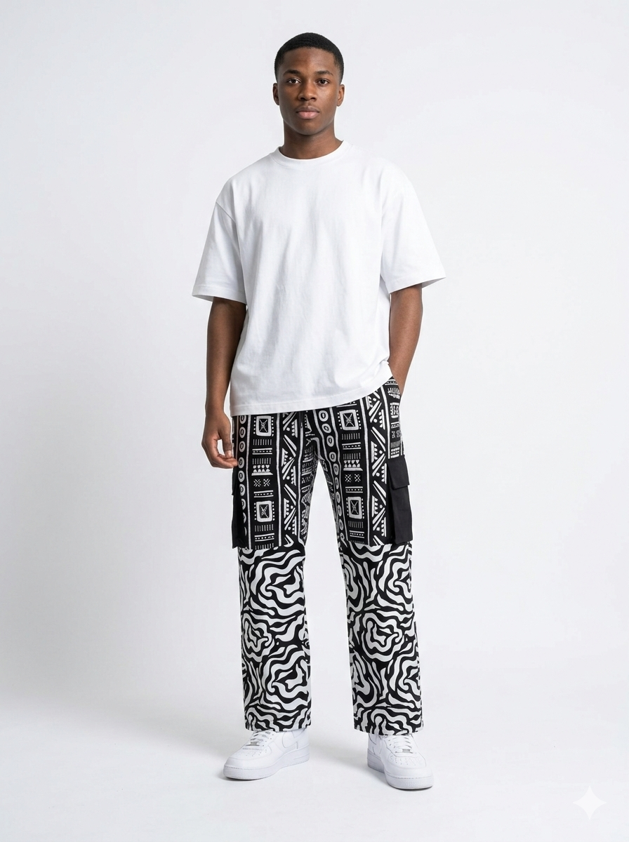 Afrocentric Heritage Print Wide-Leg Cargo Pants