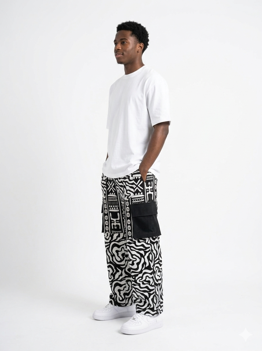 Afrocentric Heritage Print Wide-Leg Cargo Pants