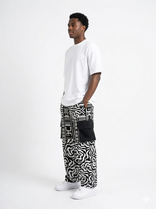 Afrocentric Heritage Print Wide-Leg Cargo Pants