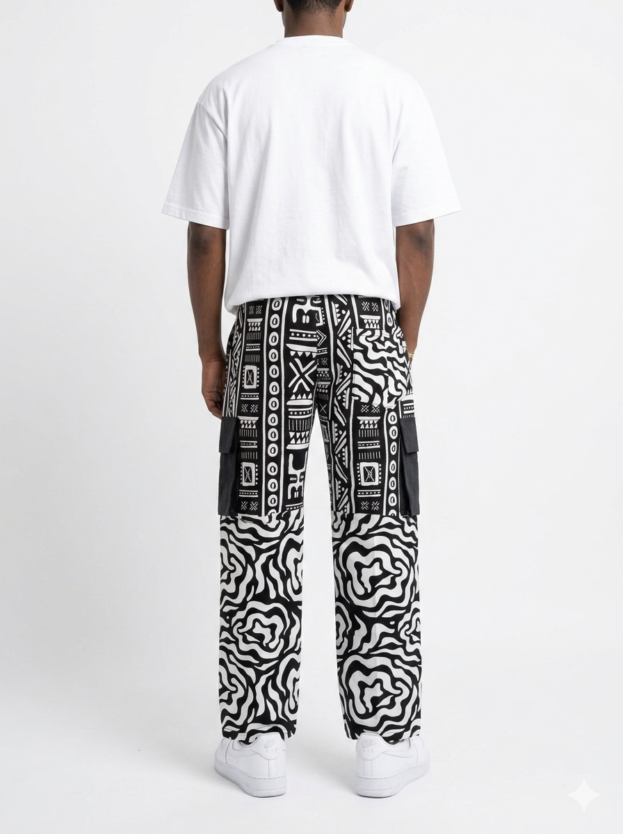 Afrocentric Heritage Print Wide-Leg Cargo Pants