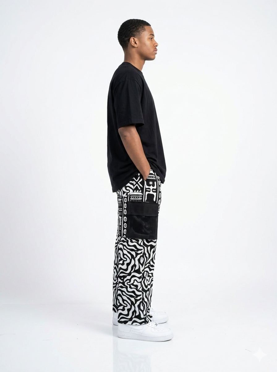 Afrocentric Heritage Print Wide-Leg Cargo Pants