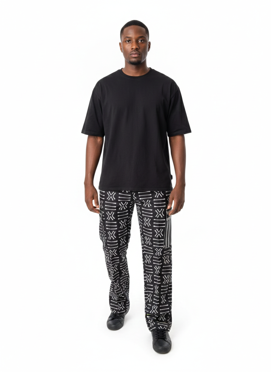 Monochrome Tribal Print Fringe Trousers