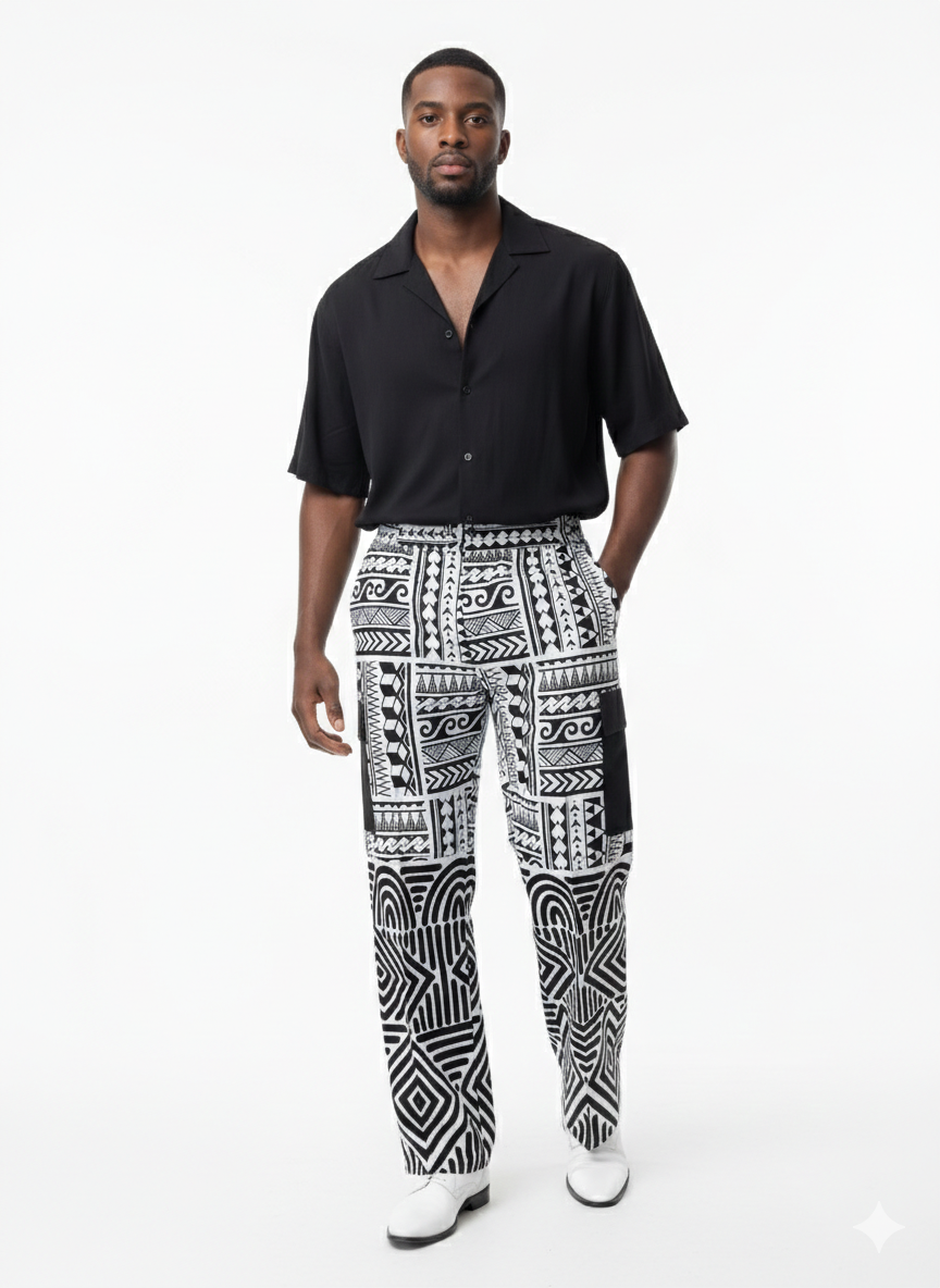 Monochrome Tribal Wide-Leg Statement Trousers