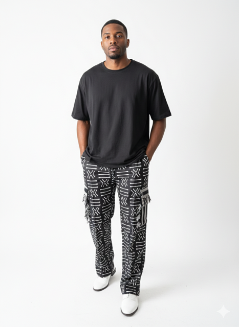 Monochrome Tribal Print Fringe Trousers